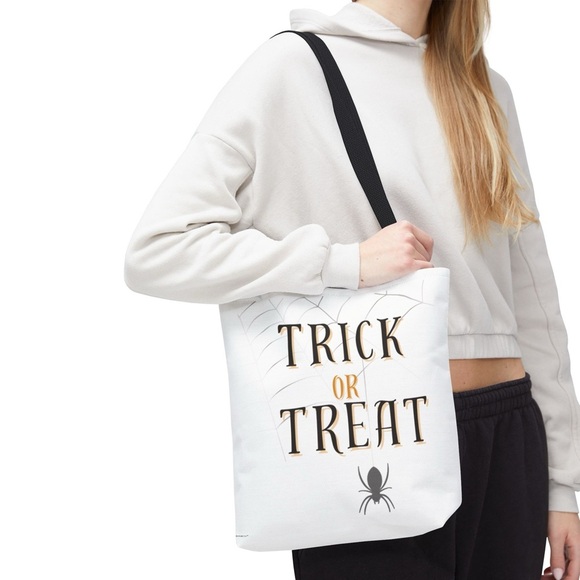 Halloween Trick or Treat White & Black Handle Shoulder Tote Bag, Unisex O/S - Picture 1 of 2